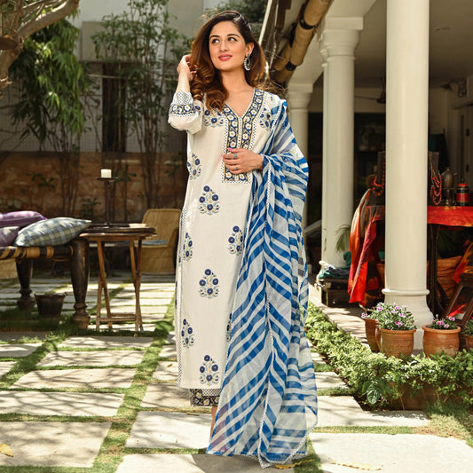 White & Blue Fancy Kurti With Bottom Dupatta set