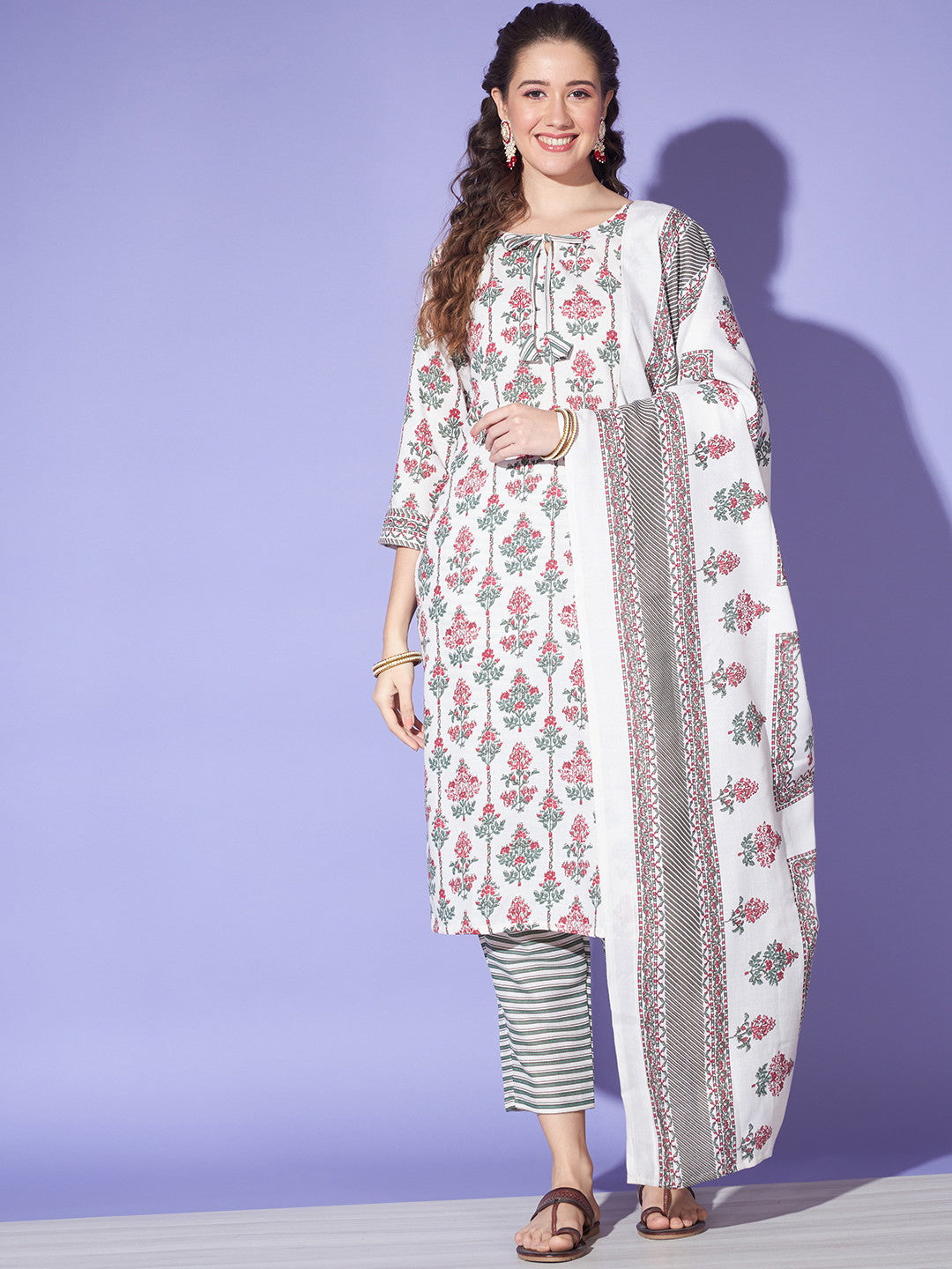 White Colour Cotton Jaipuri Printed Casual Wear Kurta Pant Dupatta Set For Women's