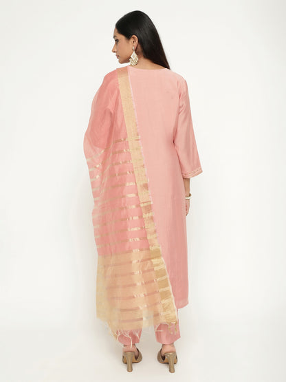 Pink Colour Blend Silk Embroidery Work Party Wear Kurta Pant Dupatta Set For Women's