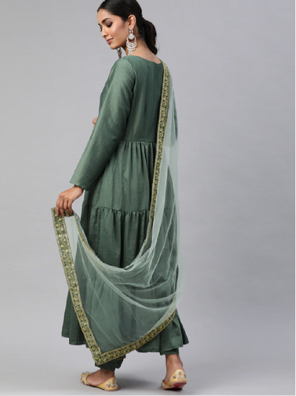 Green Party Wear Embroidery Worked Kurta With Pant And Duppata Set