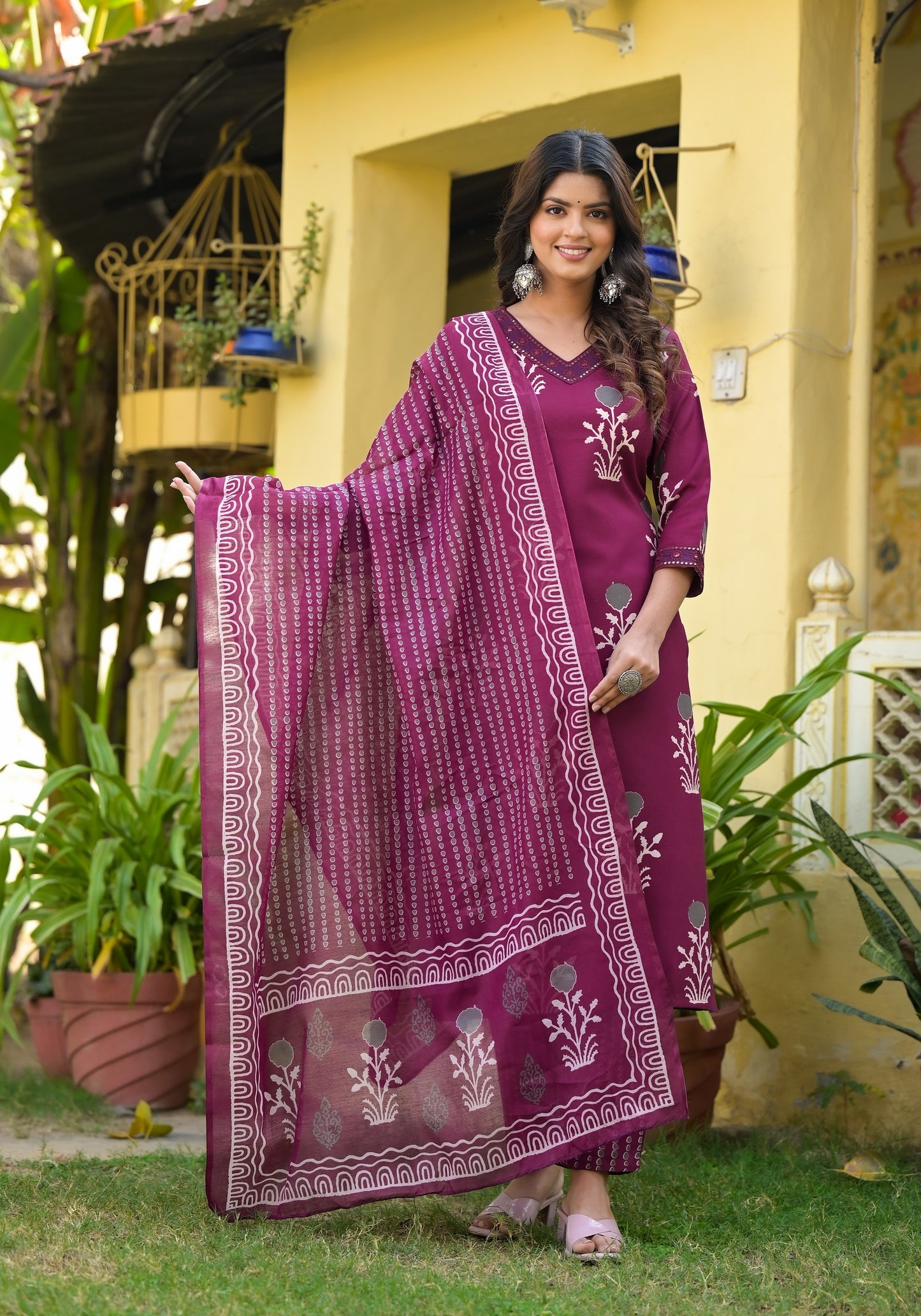 Wine Color Straight Kurta Set with Bottom Wear and Dupatta