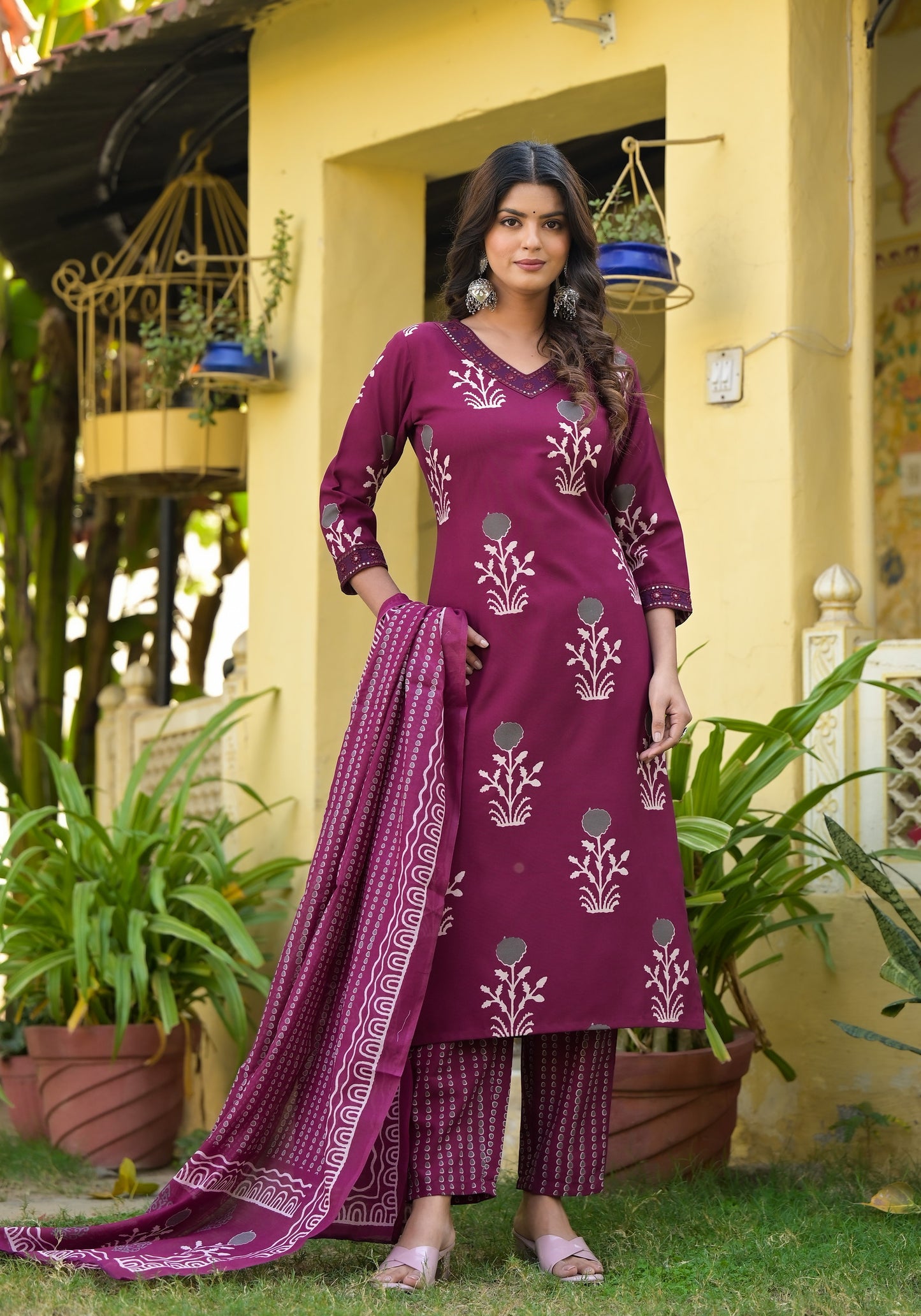 Wine Color Straight Kurta Set with Bottom Wear and Dupatta