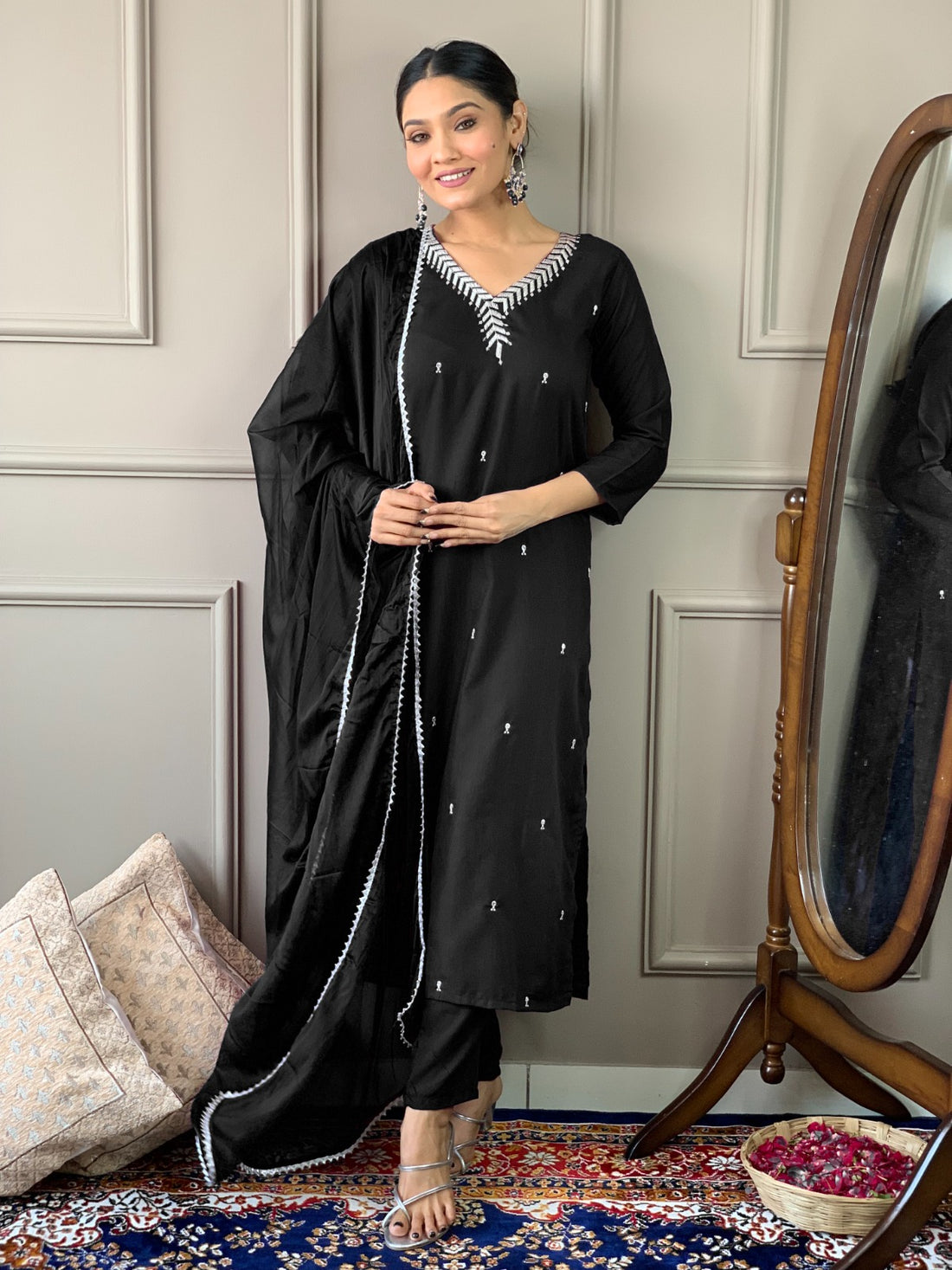 Designer Kurta set with Bottom Pant and Plain Dupatta in Black Color