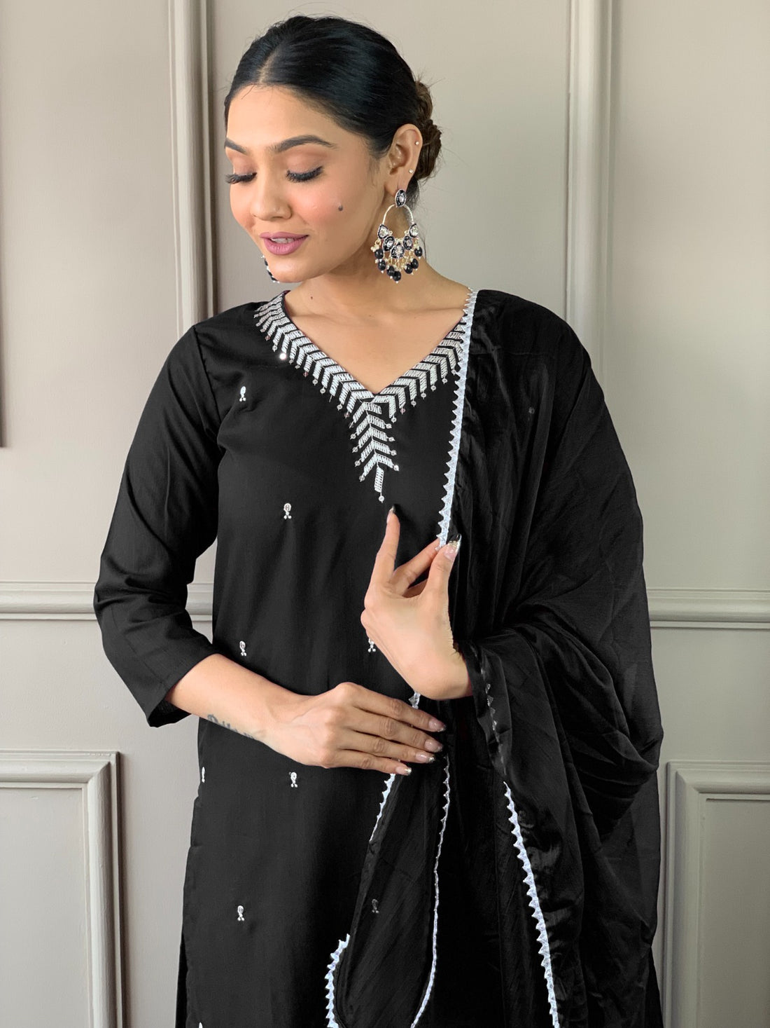 Designer Kurta set with Bottom Pant and Plain Dupatta in Black Color