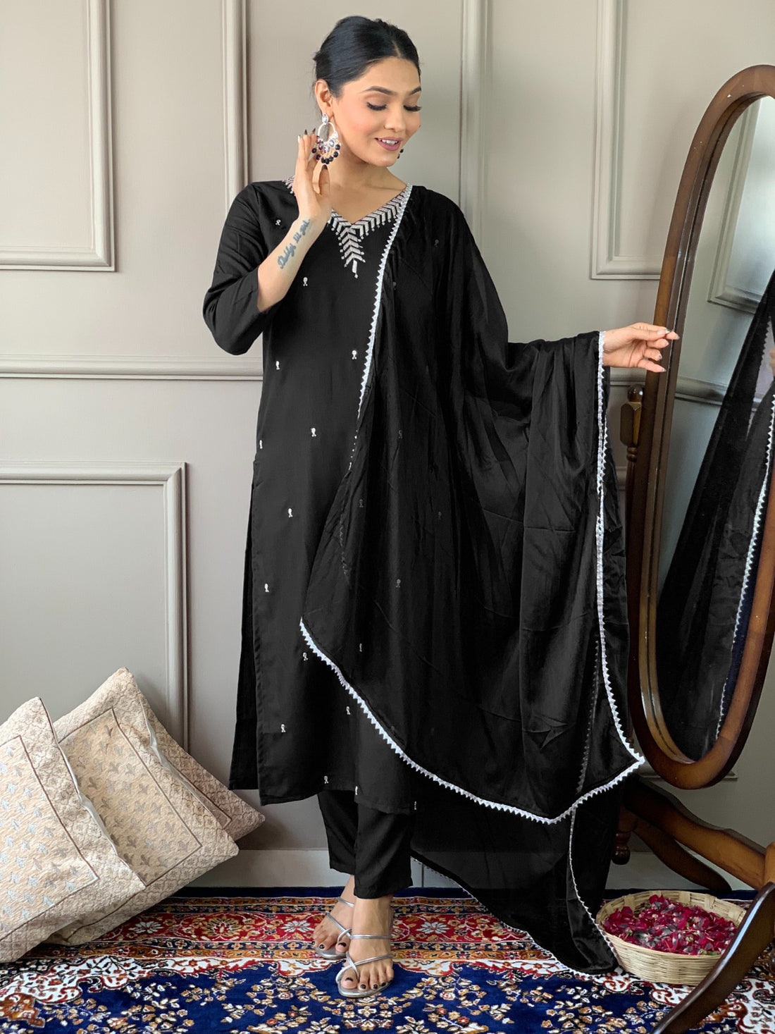 Designer Kurta set with Bottom Pant and Plain Dupatta in Black Color