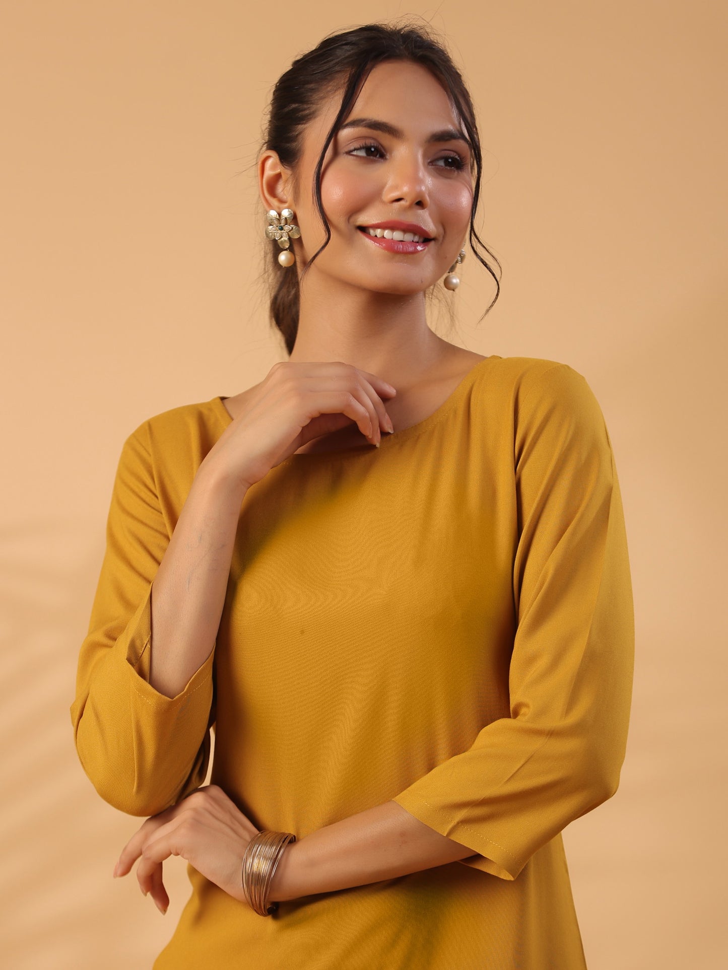 Mustard yellow Round Neck Straight Kurta With Trouser