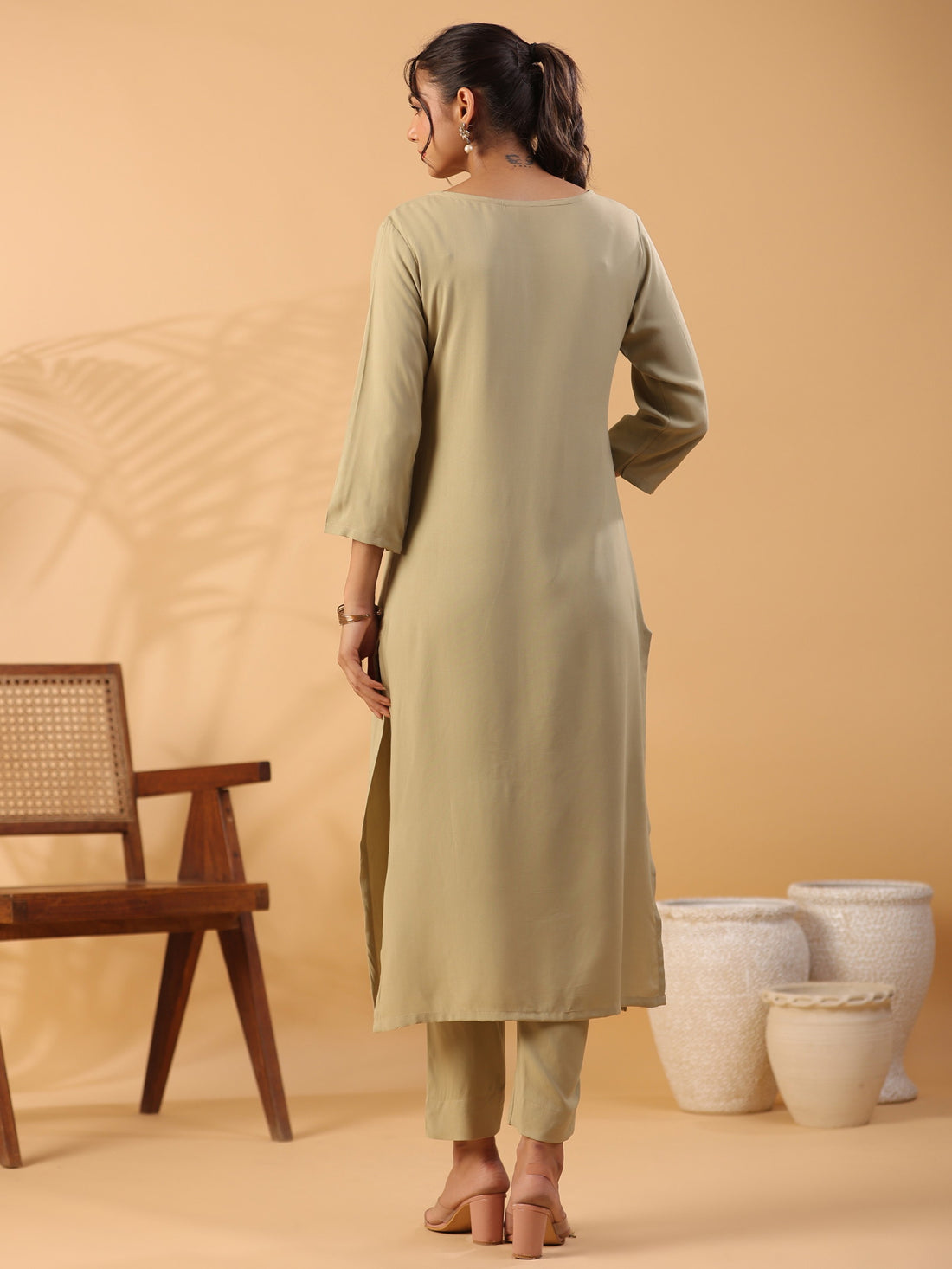 Beige Boat Neck Straight Kurta with Trousers