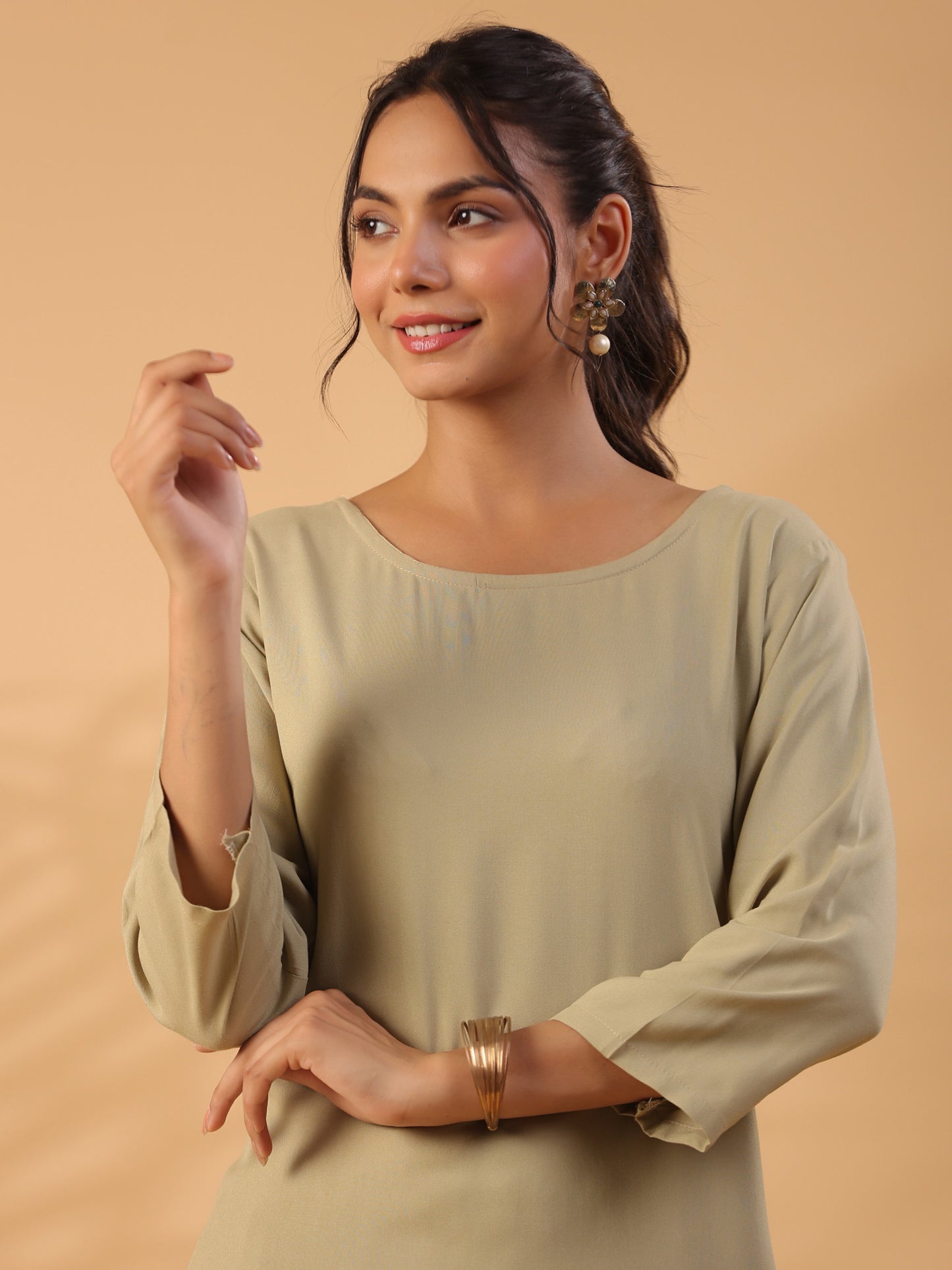 Beige Boat Neck Straight Kurta with Trousers