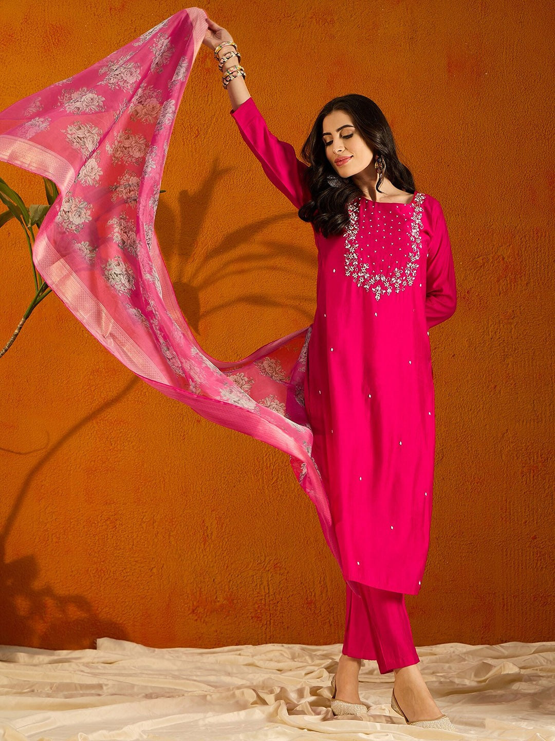 Beautiful Pink Embroidered Kurta Set with Bottom Wear and Dupatta