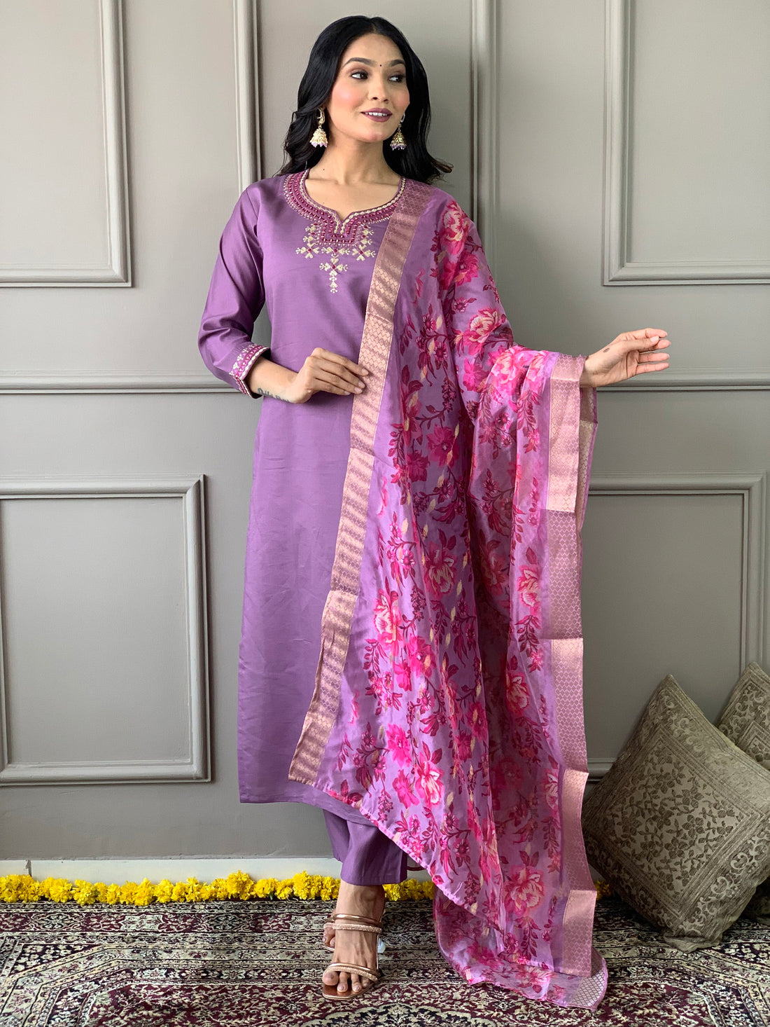 Luxurious Chanderi Silk Purple Kurta Set with Bottom and Dupatta