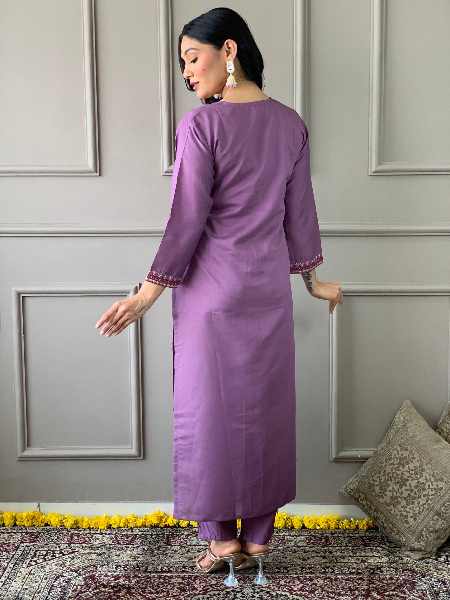 Luxurious Chanderi Silk Purple Kurta Set with Bottom and Dupatta