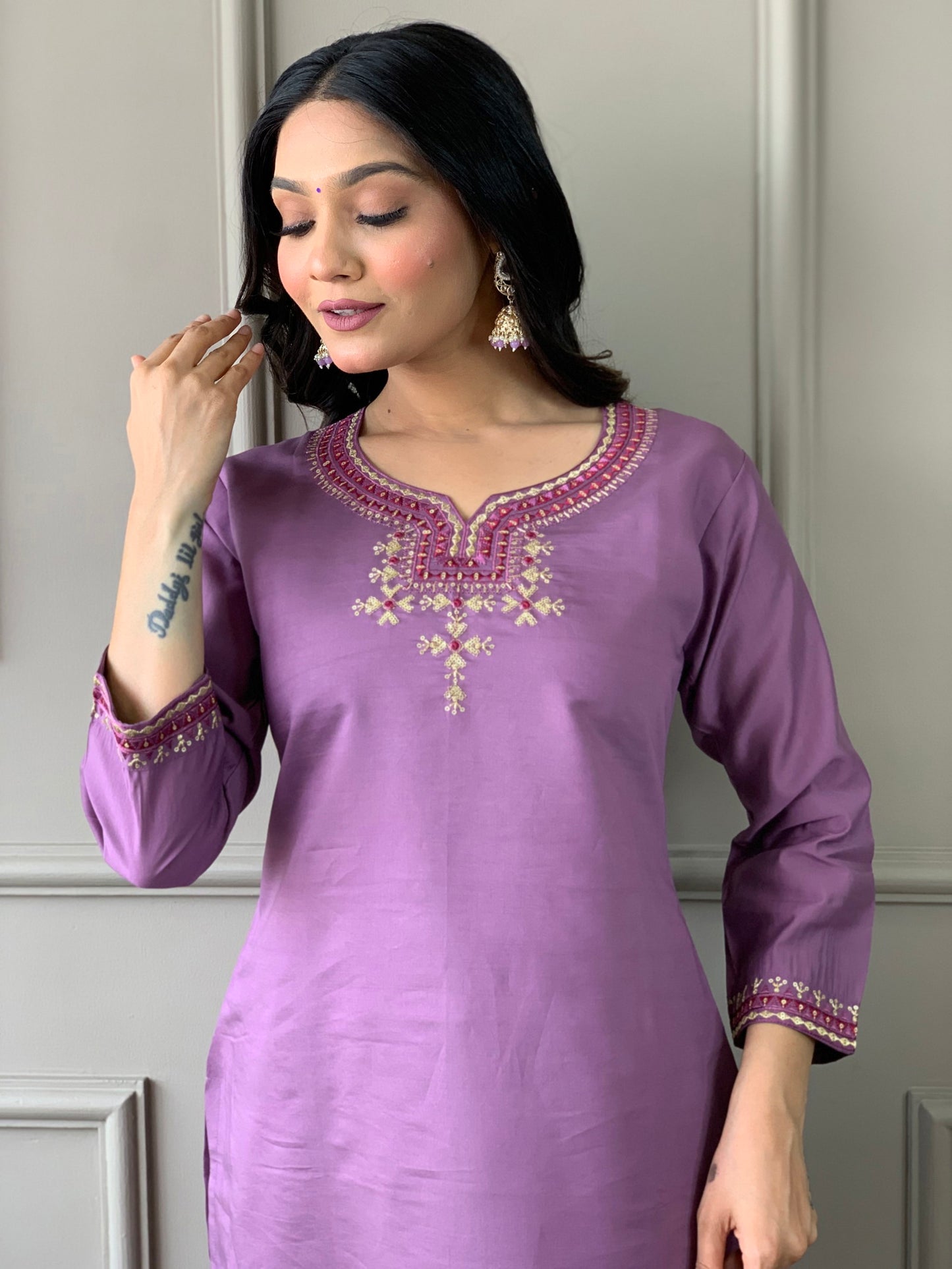 Luxurious Chanderi Silk Purple Kurta Set with Bottom and Dupatta