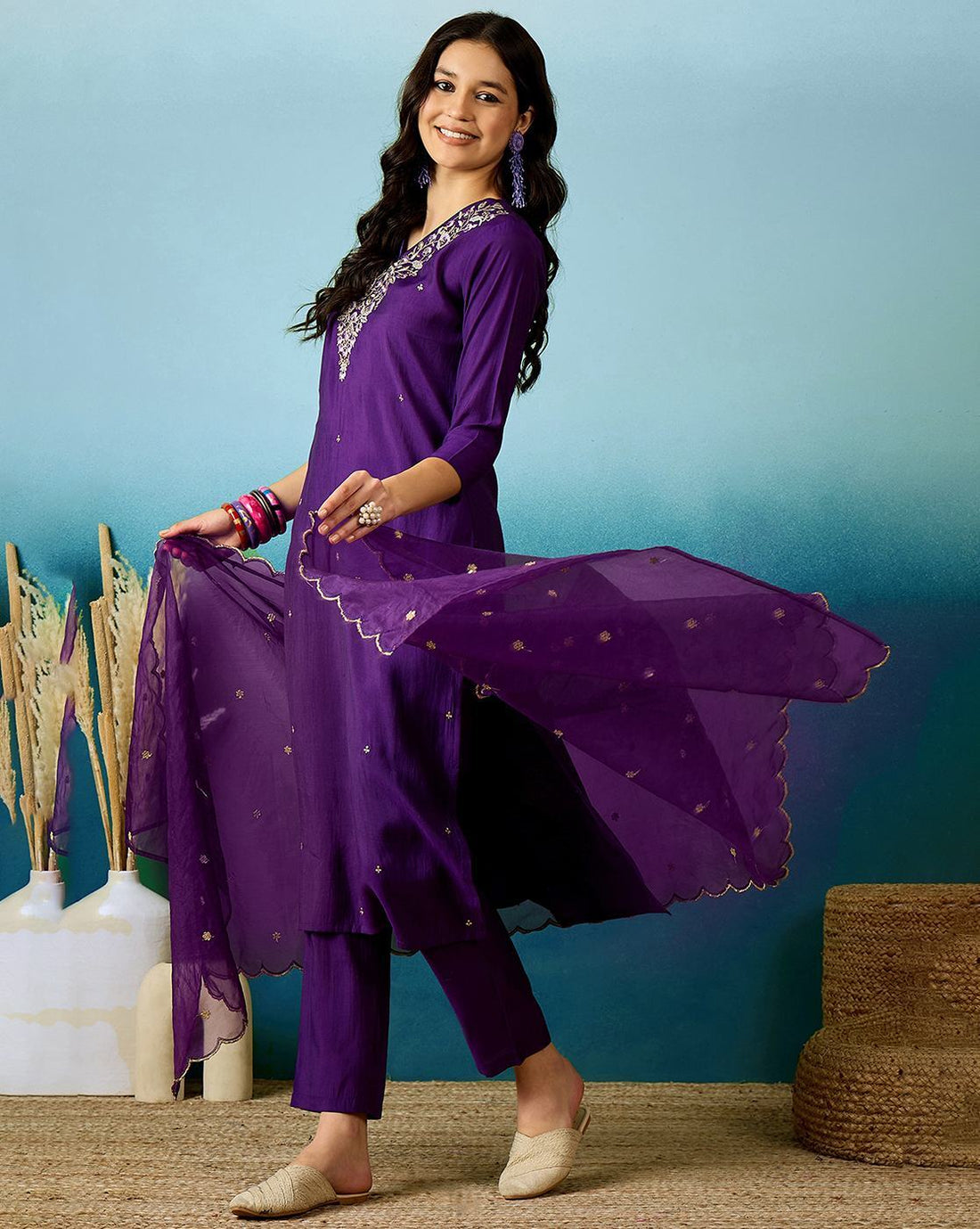 Embroidered V-Neck Straight Kurta with Pants and Dupatta