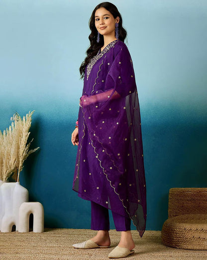 Embroidered V-Neck Straight Kurta with Pants and Dupatta