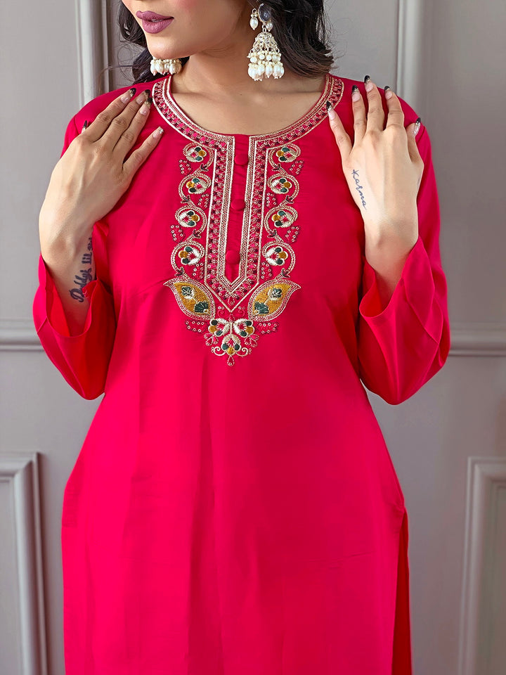 Beautiful Pink Viscose Chanderi Kurta Set with Bottom Wear and Dupatta