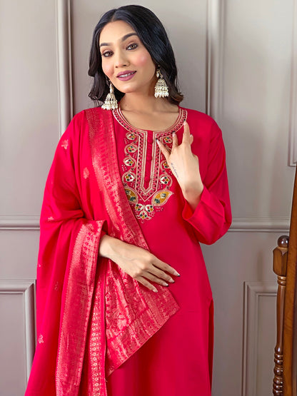 Beautiful Pink Viscose Chanderi Kurta Set with Bottom Wear and Dupatta