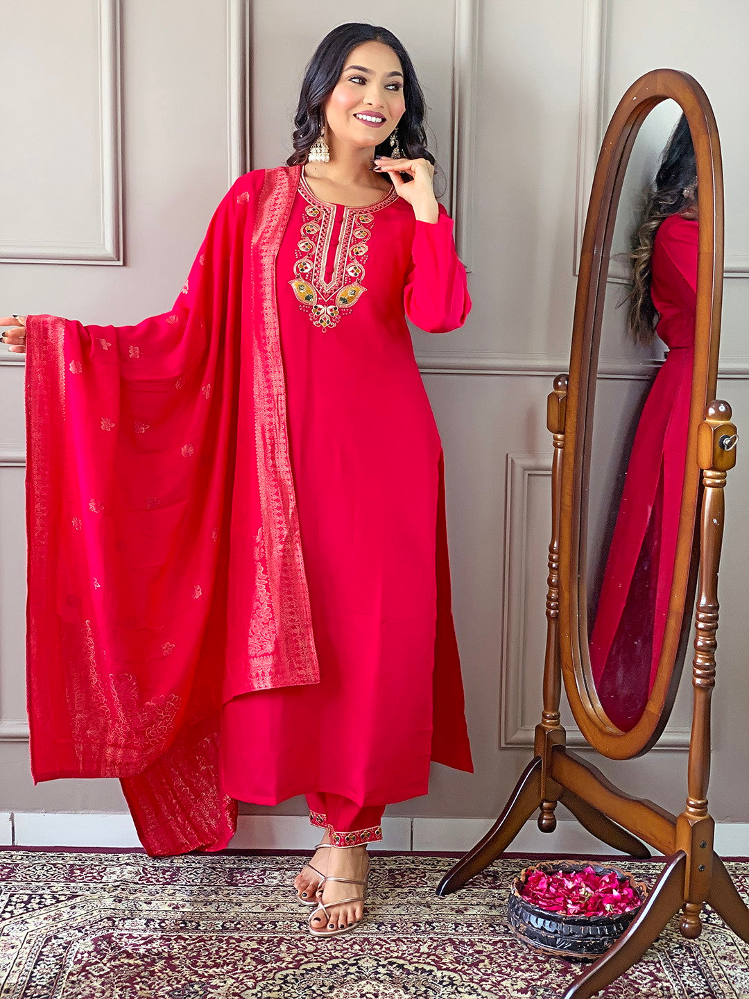 Beautiful Pink Viscose Chanderi Kurta Set with Bottom Wear and Dupatta