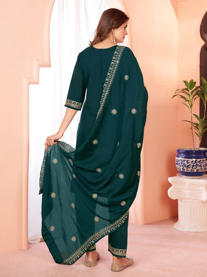 Green  Embroidered Kurta set With Bottom Wear and Dupatta