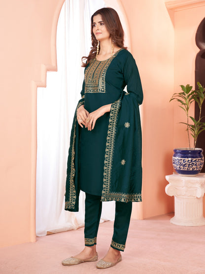 Green  Embroidered Kurta set With Bottom Wear and Dupatta