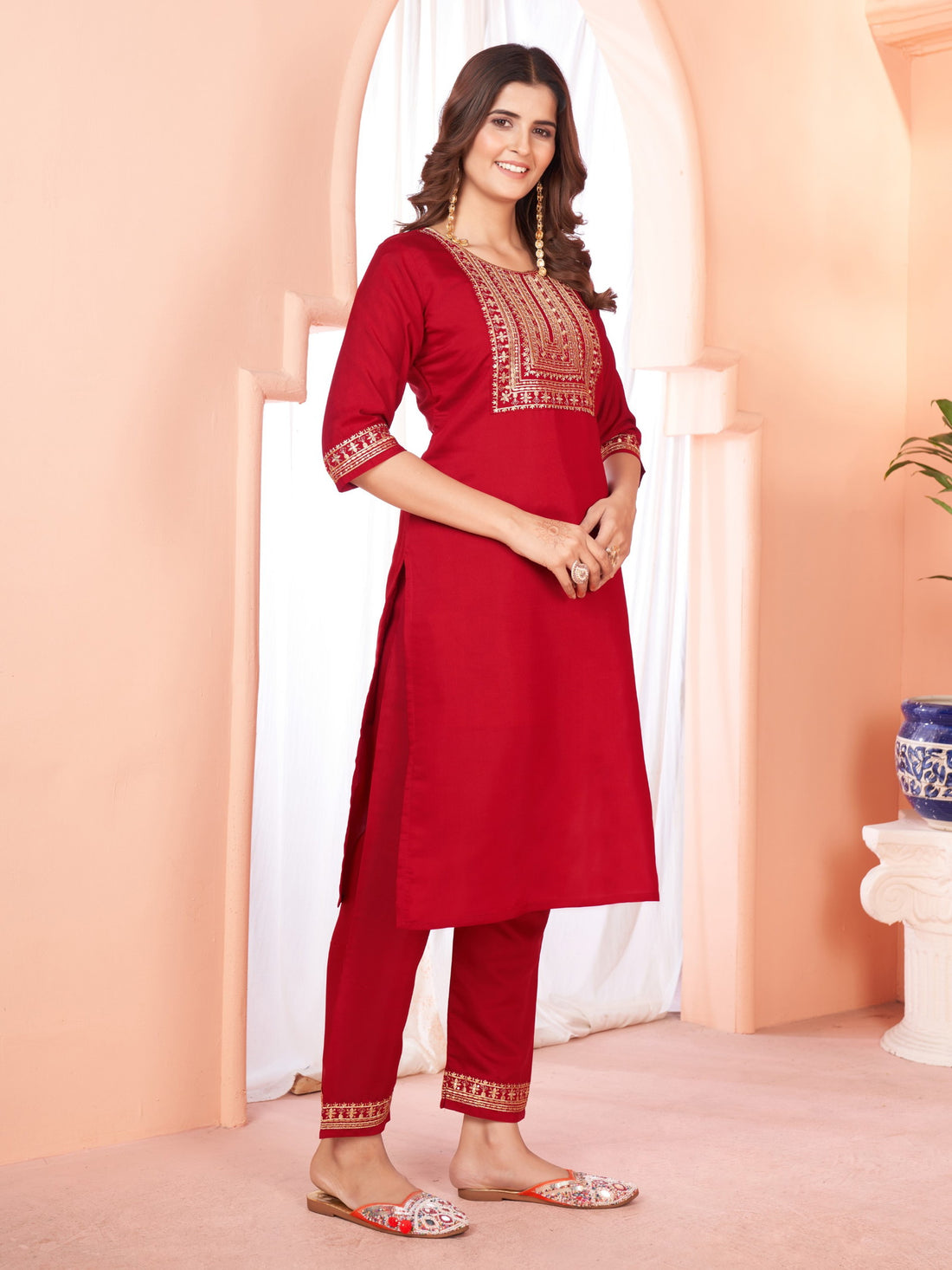 Maroon Embroidered Kurta set With Bottom Wear and Dupatta