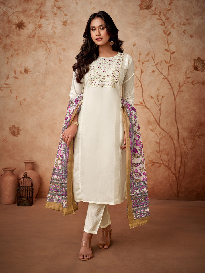 Women Embroidered Straight Kurta with Pants & Dupatta in White Color