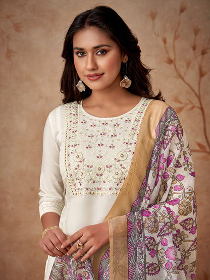 Women Embroidered Straight Kurta with Pants & Dupatta in White Color