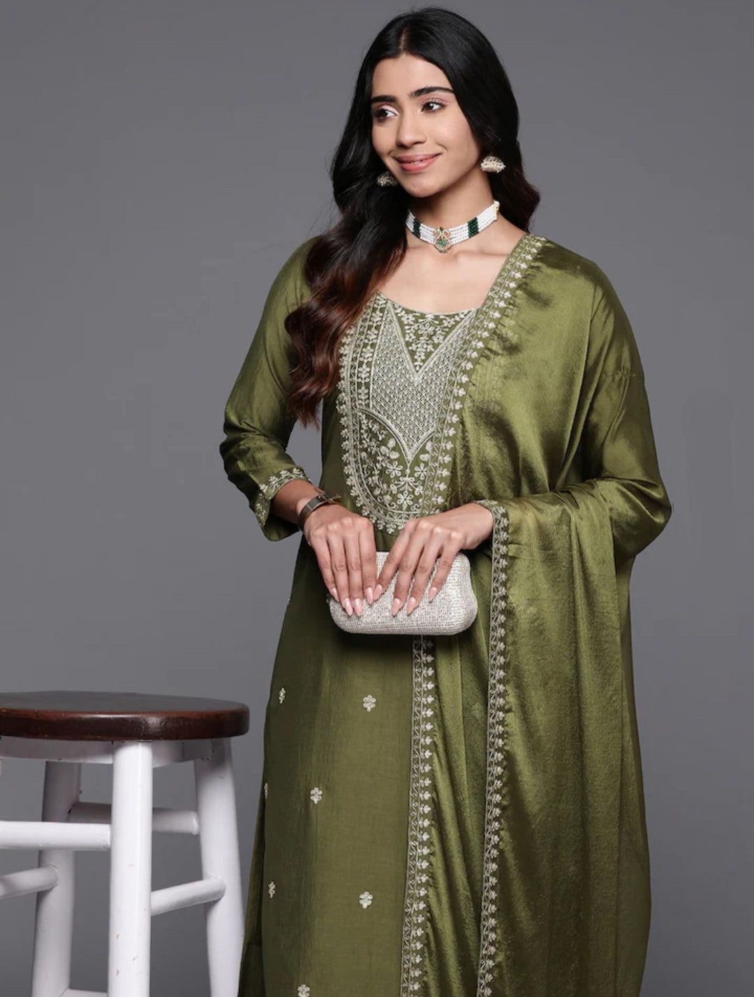 Mehndi Color Embroidered Women wear Kurta set with bottom wear and dupatta