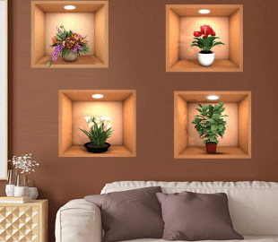 New Creative Simulation Flower Green Potted 3D Wall Stickers Waterproof Home Stickers (Pack Of 4)