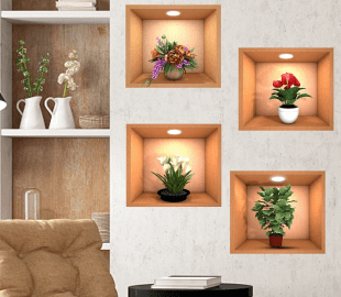 New Creative Simulation Flower Green Potted 3D Wall Stickers Waterproof Home Stickers (Pack Of 4)