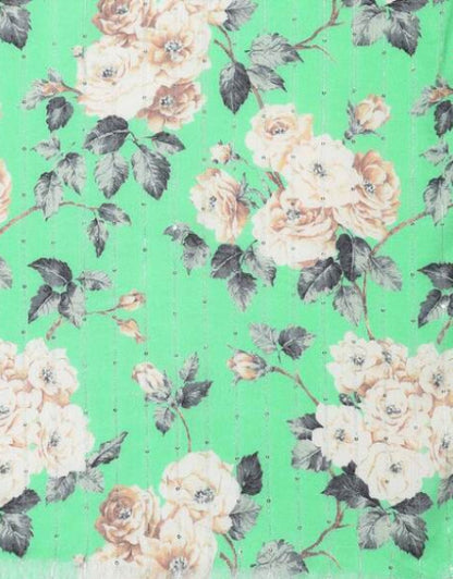 Women Green & Cream-Coloured Sequins Floral Printed Scarf